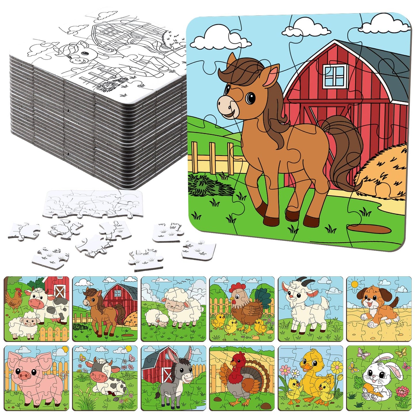 Realspring 24 Pack Farm Animal Color Your Own Jigsaw Puzzles for Kids 3-5, 4-6, 6-8, Coloring Crafts DIY Paper Puzzles Party Fav