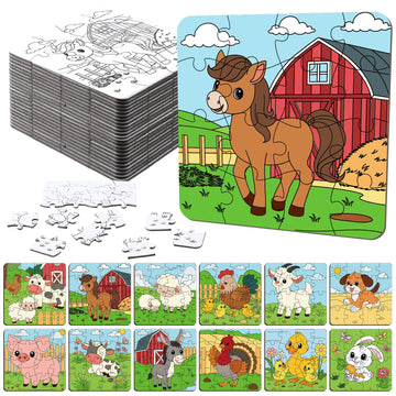 Realspring 24 Pack Farm Animal Color Your Own Jigsaw Puzzles for Kids 3-5, 4-6, 6-8, Coloring Crafts DIY Paper Puzzles Party Fav