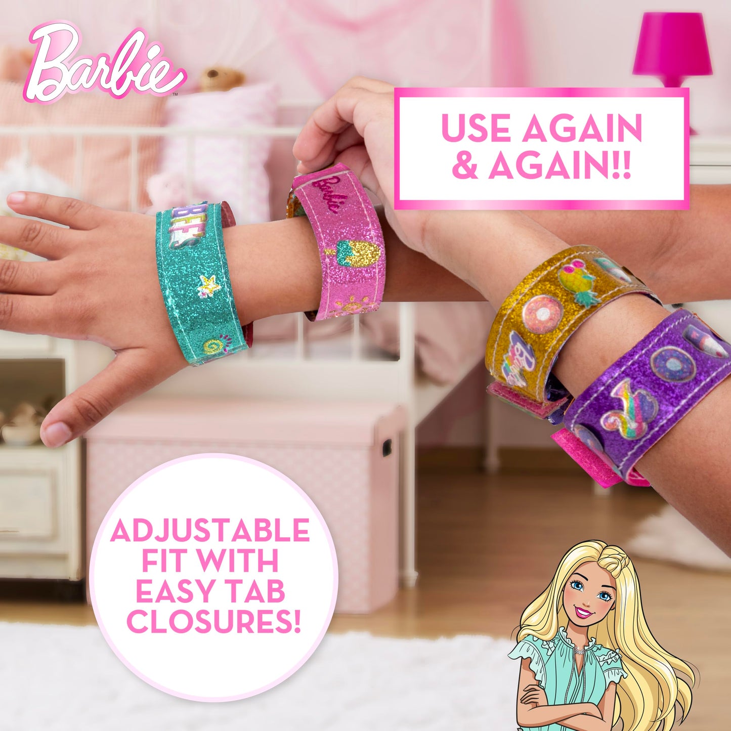 Horizon Group USA Barbie Sparkle Bracelet Making Kit - 4 Reversible Bracelets, 100+ Stickers, DIY Friendship Jewelry, Multi Color