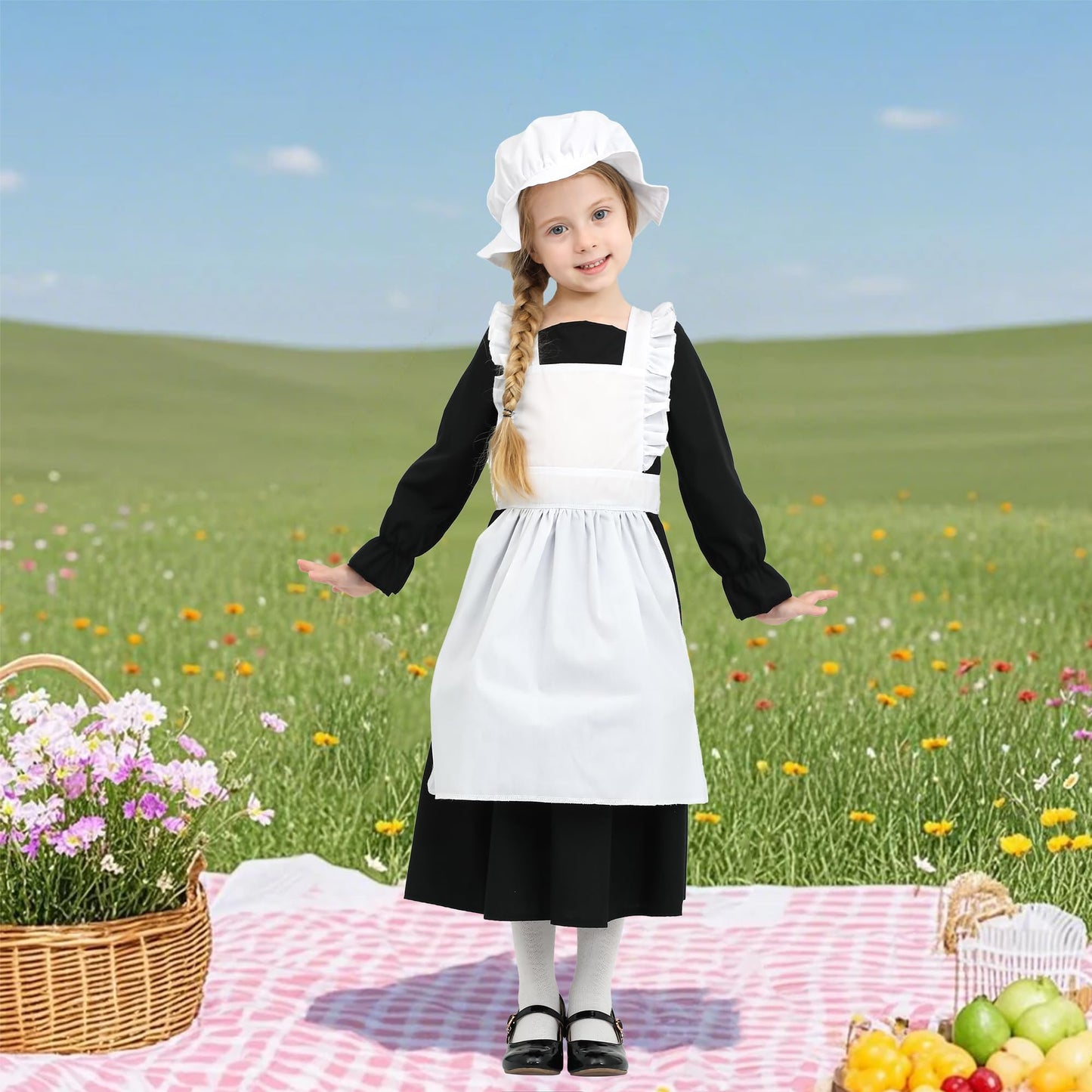 Lingway Toys Girls Pioneer Costume,Black Colonial Prairie Dress For Girls With Apron And Bonnet 4-6