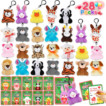 Aitbay Valentines Day Gifts Toys For Kids - 28 Packs Valentines Day Cards With Mini Animal Plush Toy Set - Valentine Exchange Cards Gift Classroom Prize Party Favors School Rewards Gift Exchange