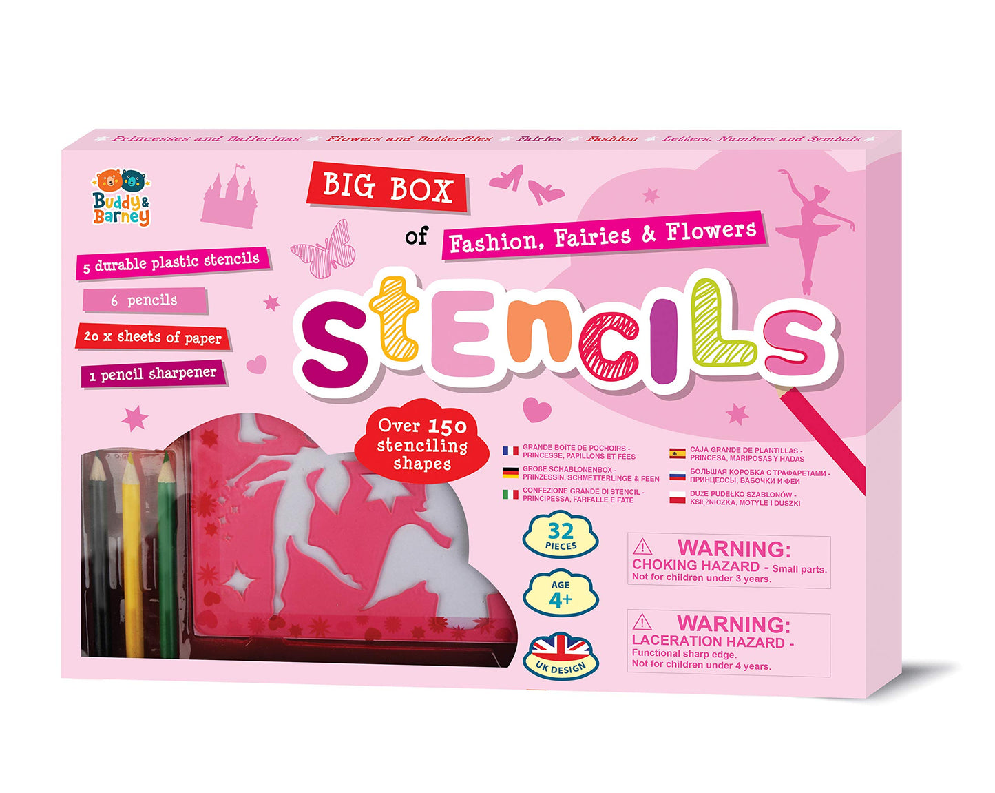Buddy & Barney Big Box of Fashion, Fairies, & Flowers Stencils (Large 32-Piece Stencils Kit), 150+ Shapes, 6 Coloring Pencils, 5