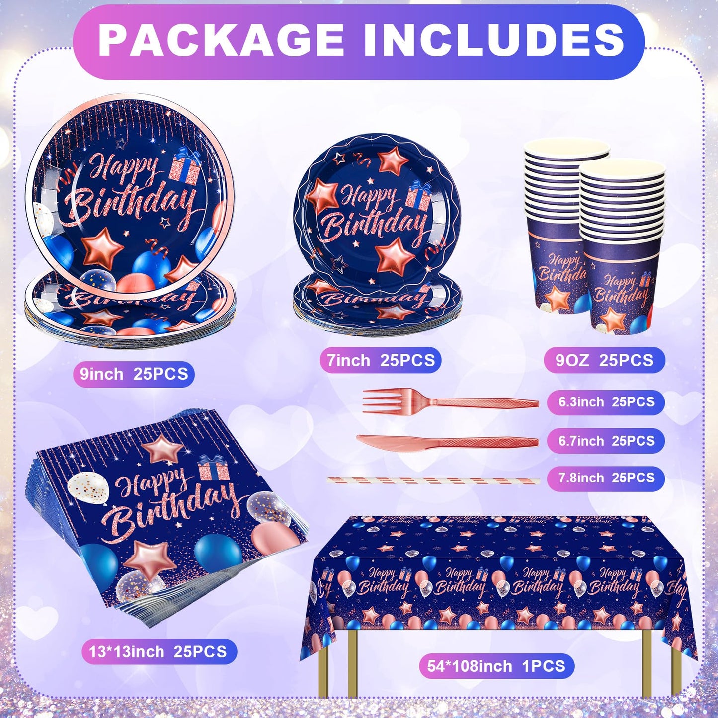 Norme 176 Pcs Navy Blue and Rose Gold Birthday Tableware Set Birthday Decoration Includes Tablecloth Paper Plates Napkins Paper