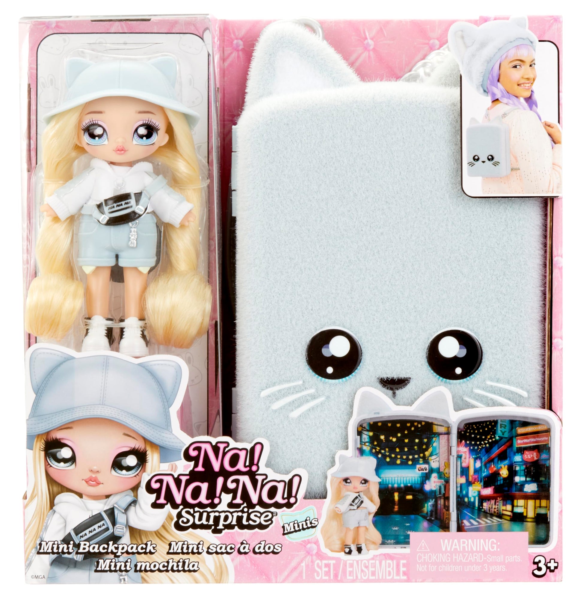 Na! Na! Na! Surprise Mini Backpack Series 2 Khloe Kitty Fashion Doll, Fuzzy White Kitty Backpack, Gift For Kids, Ages 4 5 6 7 8+ Years