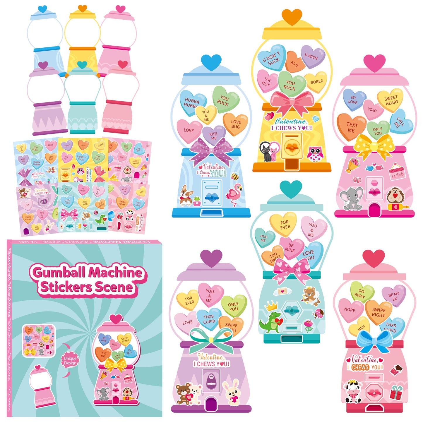 CY2SIDE Valentines Gumball Machine Stickers - 12 Sets of Valentines Day Conversation Heart Sticker Art Craft for Kids School Act