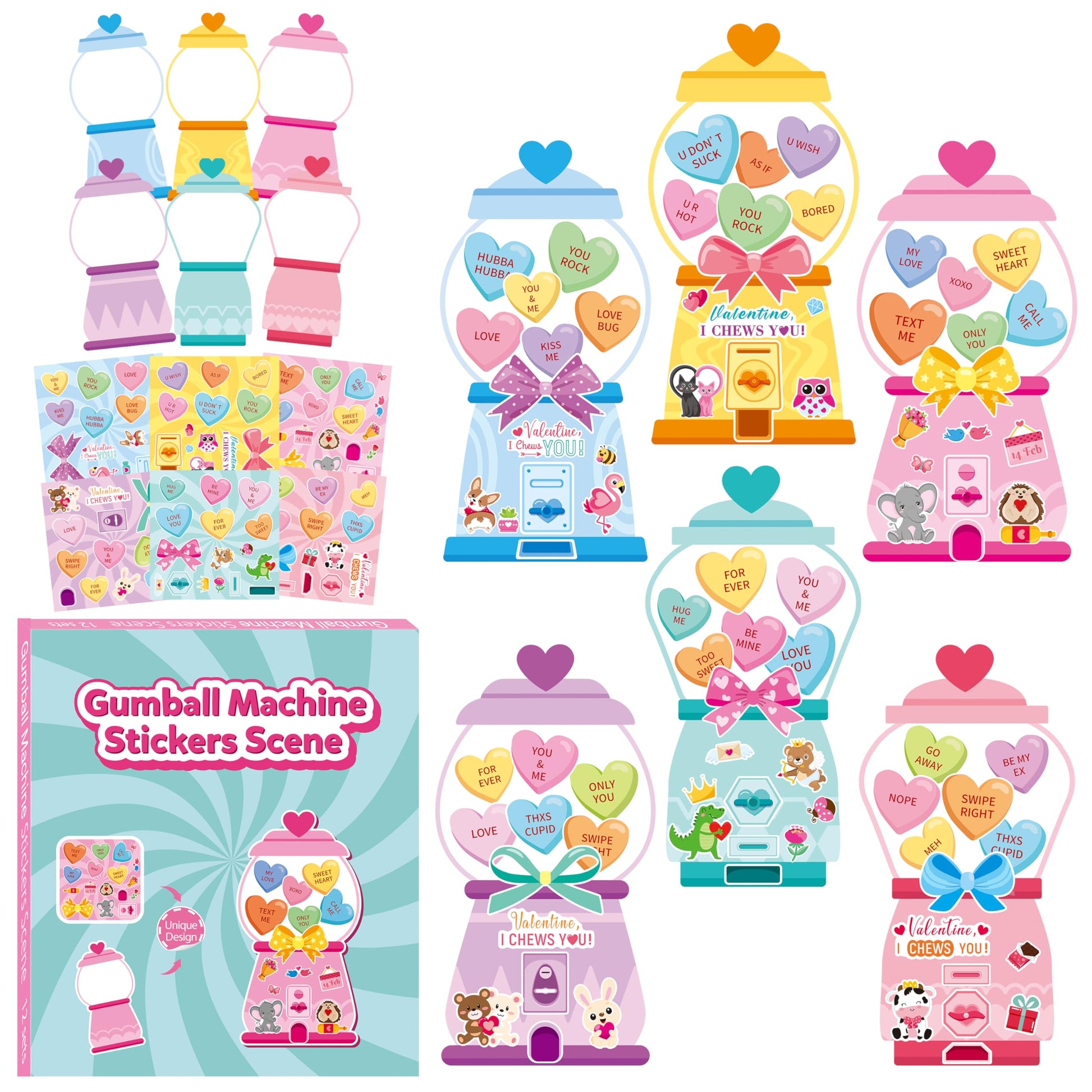 CY2SIDE Valentines Gumball Machine Stickers - 12 Sets of Valentines Day Conversation Heart Sticker Art Craft for Kids School Act