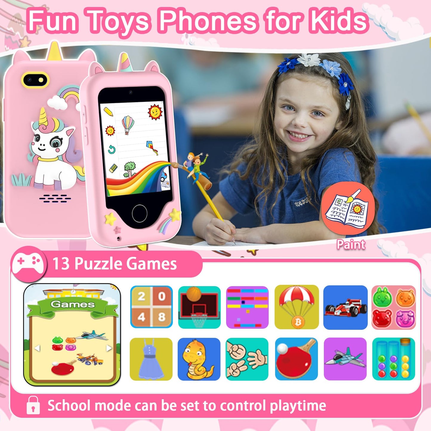 Kids Phone for Girls, Toys for 3-10 Year Old Boys Girls Christmas Birthday Gifts for Kids, Touchscreen Toddler Smartphone Learni