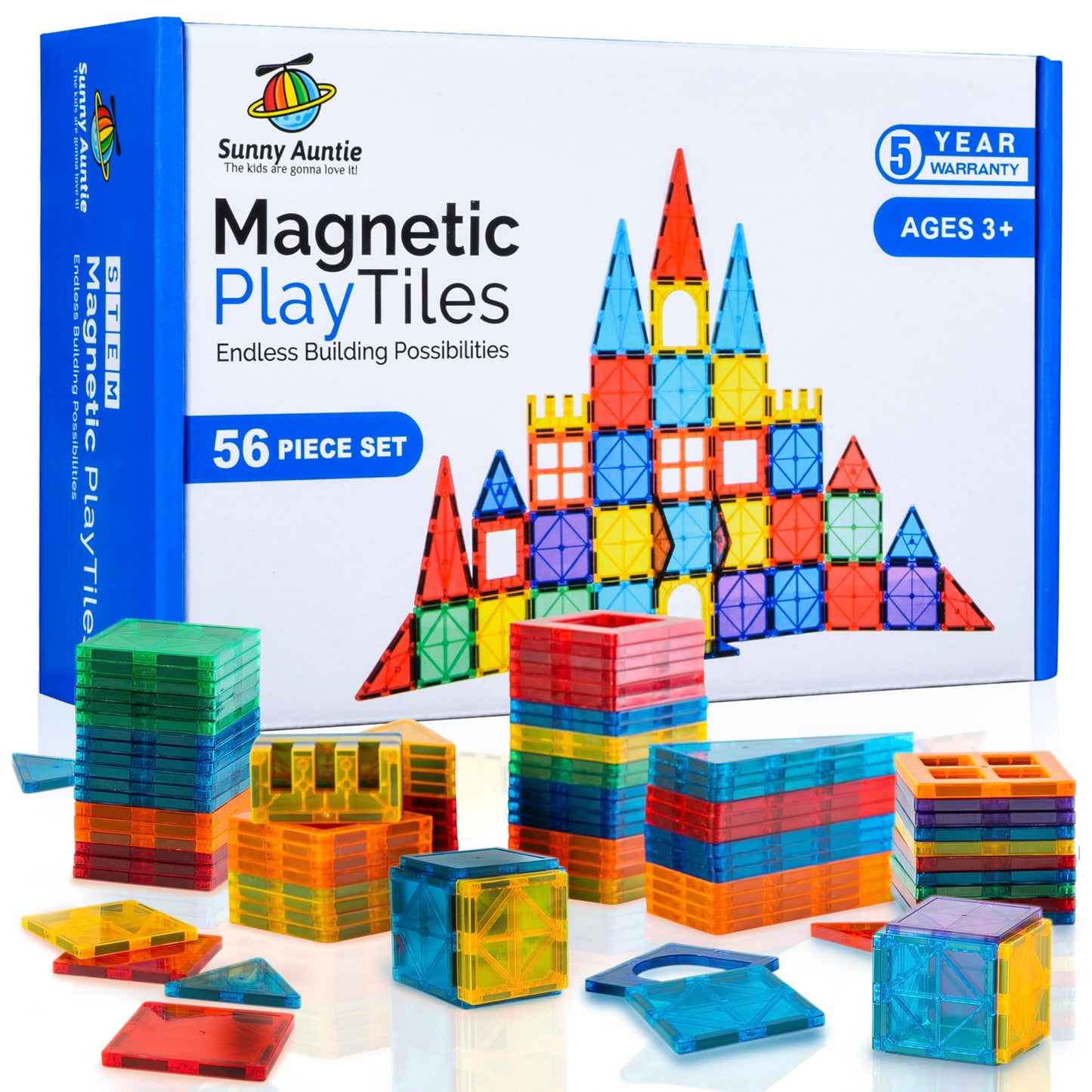 SUNNY AUNTIE Magnetic Tiles Building Set, 56 PCS STEM Toy for Kids 3-8, Multicolor Plastic Blocks, MPTSmallSets