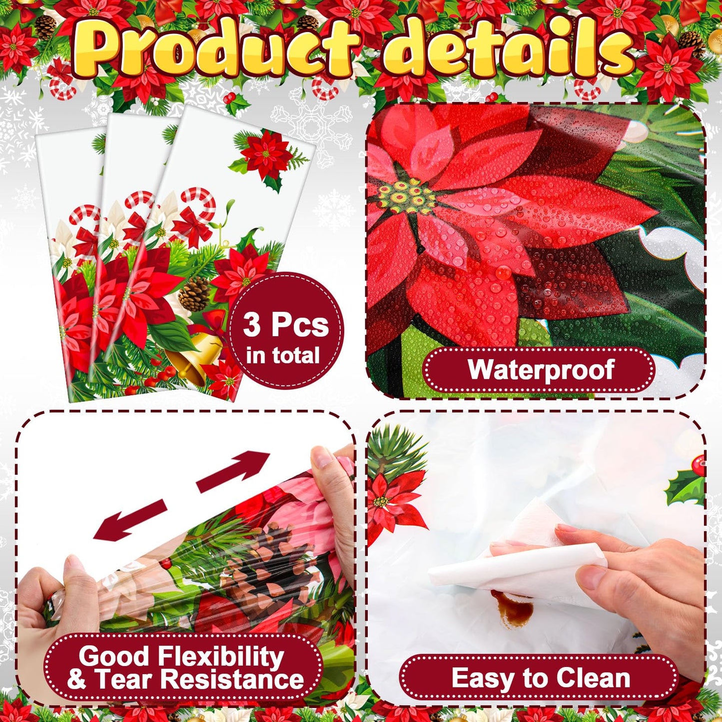 Newwiee 3 Pcs Christmas Poinsettia Tablecloths Red White Flower Plastic Table Covers 54 x 108 Inch Disposable Rectangle Xmas Tab