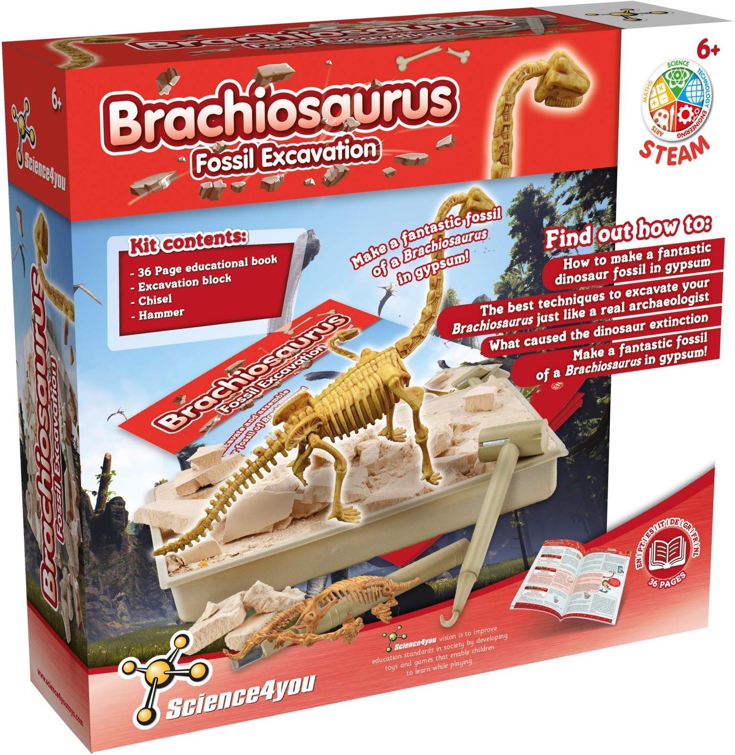 Science4You Brachiosaurus Fossil Digging Kit For Kids - Excavate And Assemble 11 Pieces Dinosaur Fossil, Excavation Dig Kit + Dinosaurs For Kids, Games, Dinosaur Toys For Girls And Boys 6+ Years Old