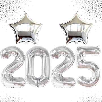 Katchon, 3Pc 40' & 18' Silver Star & Number 2025 Graduation Balloons - Helium Supported, Metallic Finish, Ideal For Graduation Decorations 2025, Children