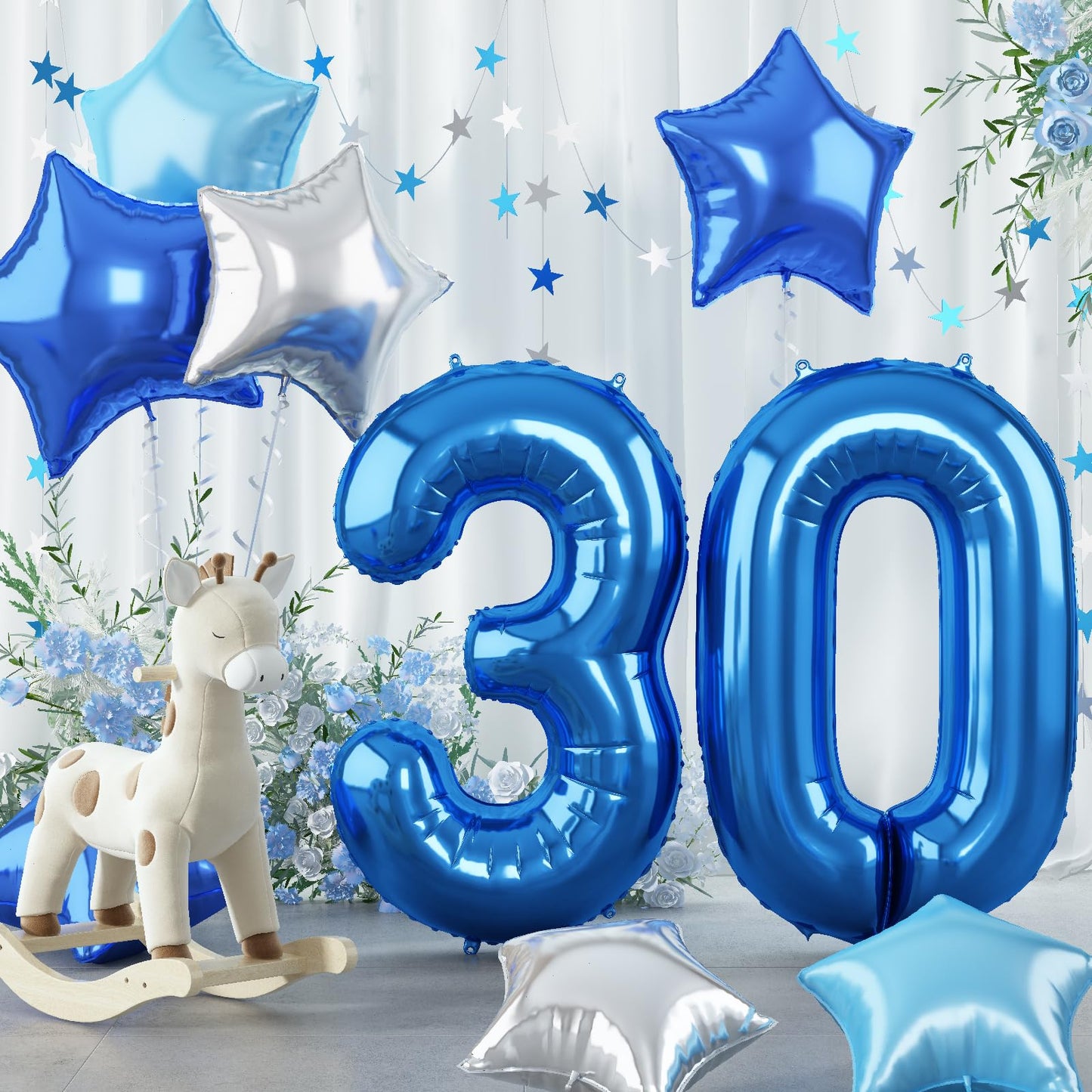 Dark Blue Foil Balloon Number 30, 40 Inch Giant Globos Azules Light Metallic Blue Mylar Balloon, Royal Blue Silver Star Self Inf