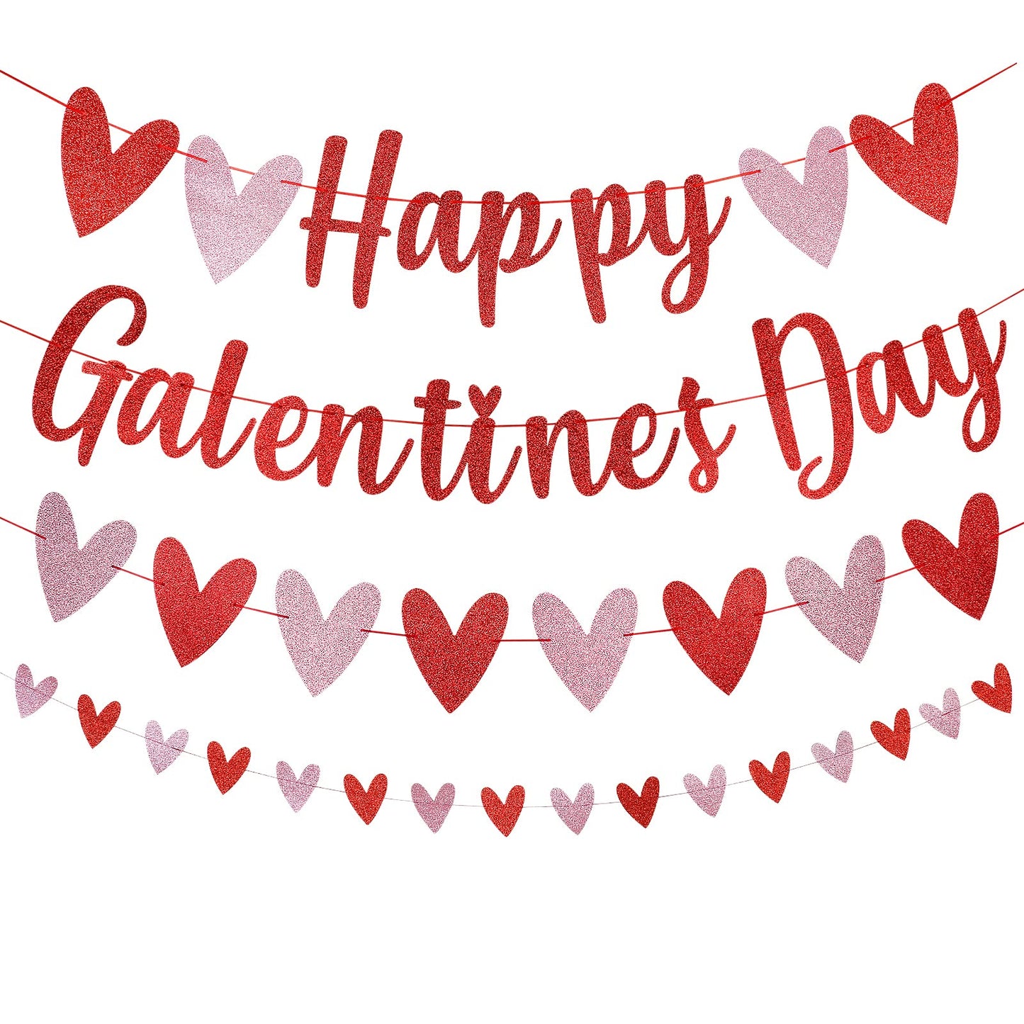 LeeSky Red Glitter Happy Galentines Day Banner & Heart Banner Garland Decorations for Valentines Day, Wedding, Anniversary Part