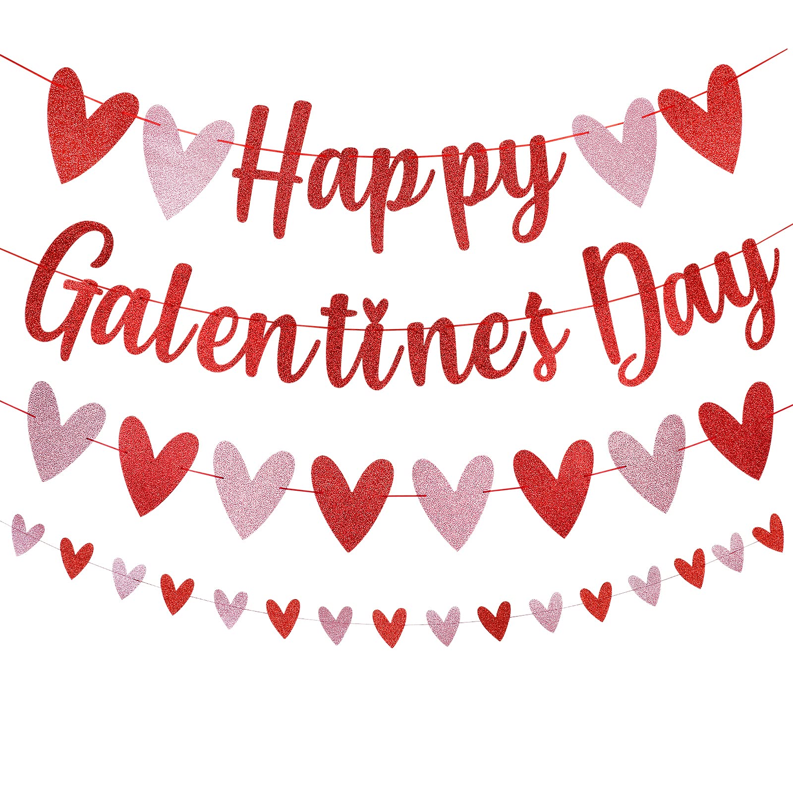 LeeSky Red Glitter Happy Galentines Day Banner & Heart Banner Garland Decorations for Valentines Day, Wedding, Anniversary Part