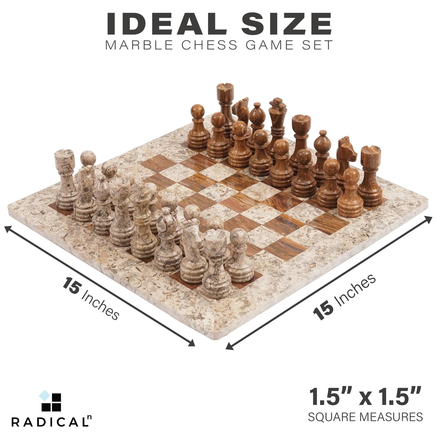 Radicaln Marble Chess Set 15 Inches Fossil Coral And Dark Brown Handmade Board Game Chess Sets For Adults - Travel Chess Game Se