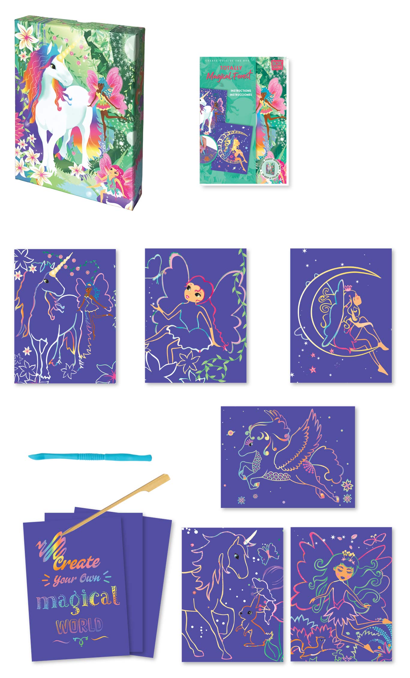 BOX CANDIY Totally Magical Forest Fairies and Unicorns Scratch Art Set in Keepsake Box