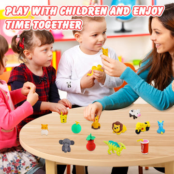 Urskytous 130Pcs Animal Erasers Kids Pencil Erasers Desk Pets Puzzle Erasers Bulk Mini Animal Food Erasers Toys Eraser Prizes Fo
