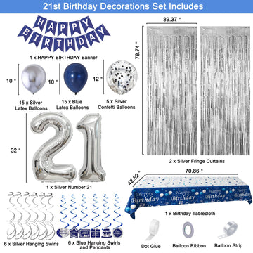 21St Birthday Decorations For Him, Blue Silver Happy 21St Birthday Decorations For Boys Men, 21St Birthday Balloons Banner Table