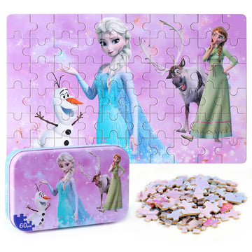 Lelemon Pretty Girl Puzzles For Kids Ages 4-8, 60 Piece Snowman Puzzles For Kids Ages 3-5,Children Jigsaw Puzzles Kids Puzzles In A Metal Box,Educational Learning Puzzle Toys For Girls And Boys