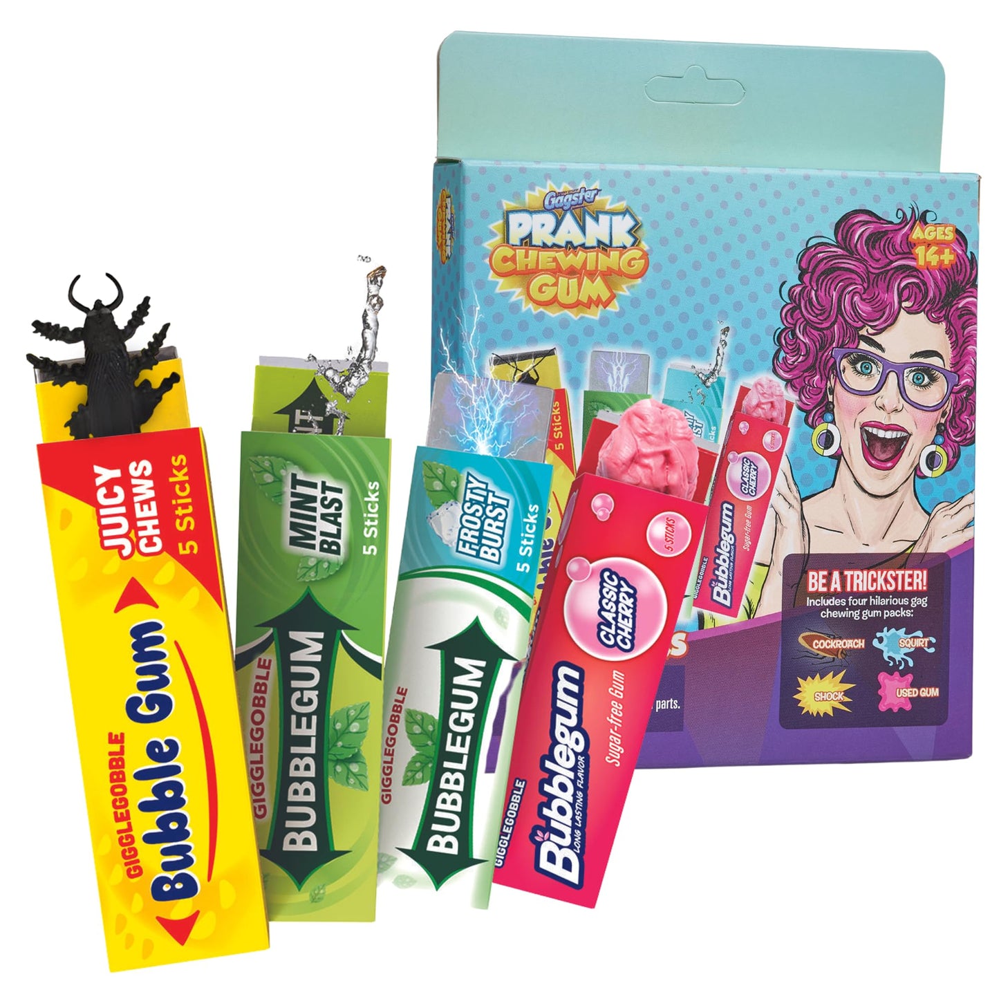 Gagster Prank Chewing Gum 3-In-1 Prank Toys Set - Shocking, Water Squirt And Cockroach Snapping Gum Packs, Prank & Shock Your Friends & Co-Workers. Perfect As Gag Gifts Or Practical Joke Gifts