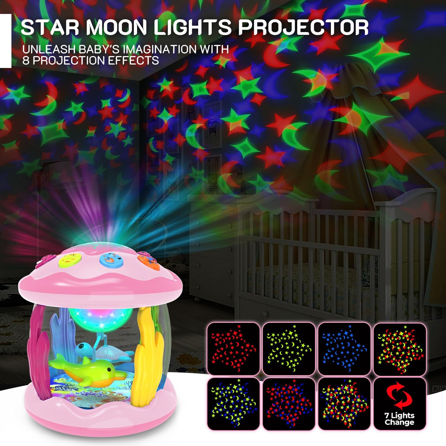 Baby Toys 6-12 Months - Musical Light Up Rotating Toys, Pink Ocean Projector For Infant 9-12-18 Month, Learning Visual & Hearing & Crawling Skill, Birthday Gifts For Toddler Boys Girls 1 2 3 Years Old