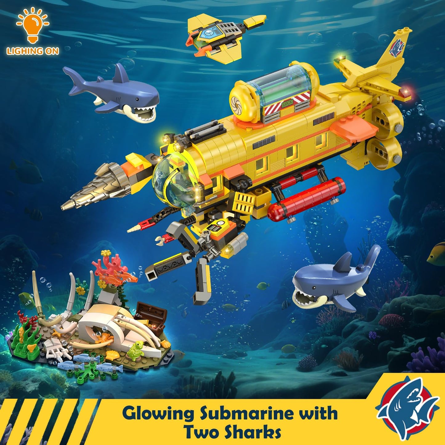 HOGOKIDS 3 Styles City Submarine Building Set with LED Light  Ocean Exploration Yellow Boat Sub Toy with 2 Sharks  Whale Skeleton and Ray Drone  Christmas Birthday Gift for Kids Boys Girls 8-14+