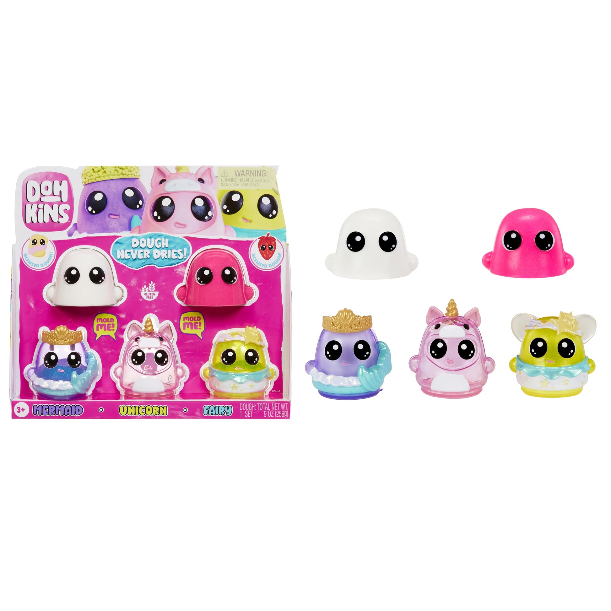 DohKins Fantasy Pack Characters, Mermaid, Unicorn, Fairy - Dough Never Dries, Ages 2+