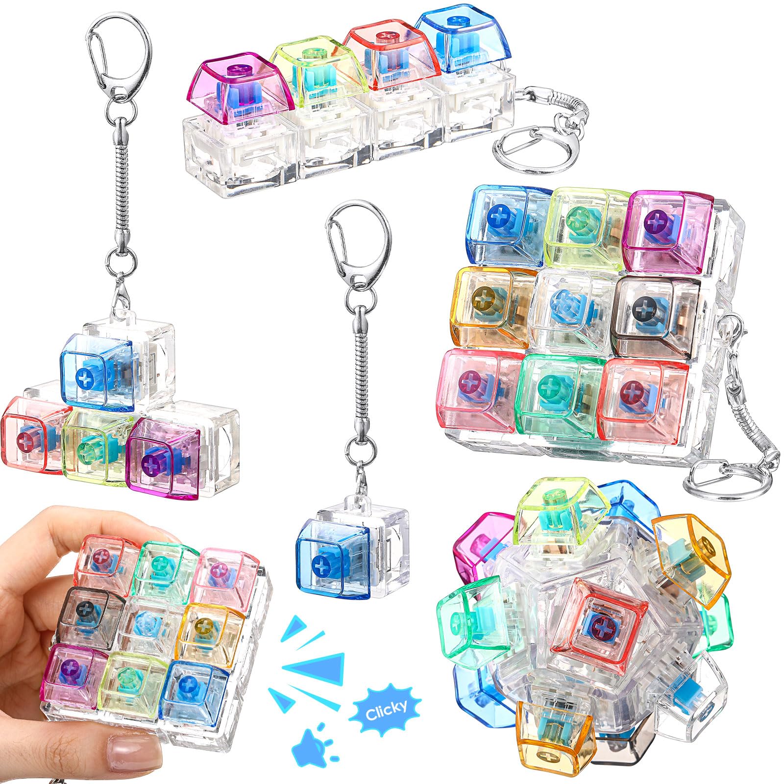 Halloscume 5 Pcs Keyboard mature-themed Fidget Toy Clicker Toy in 5 Styles Keyboard Fidget Keychain Cube Mechanical Key Button Clicker Stress Relief Gift for Office Home Pass Time(Color Transparent)