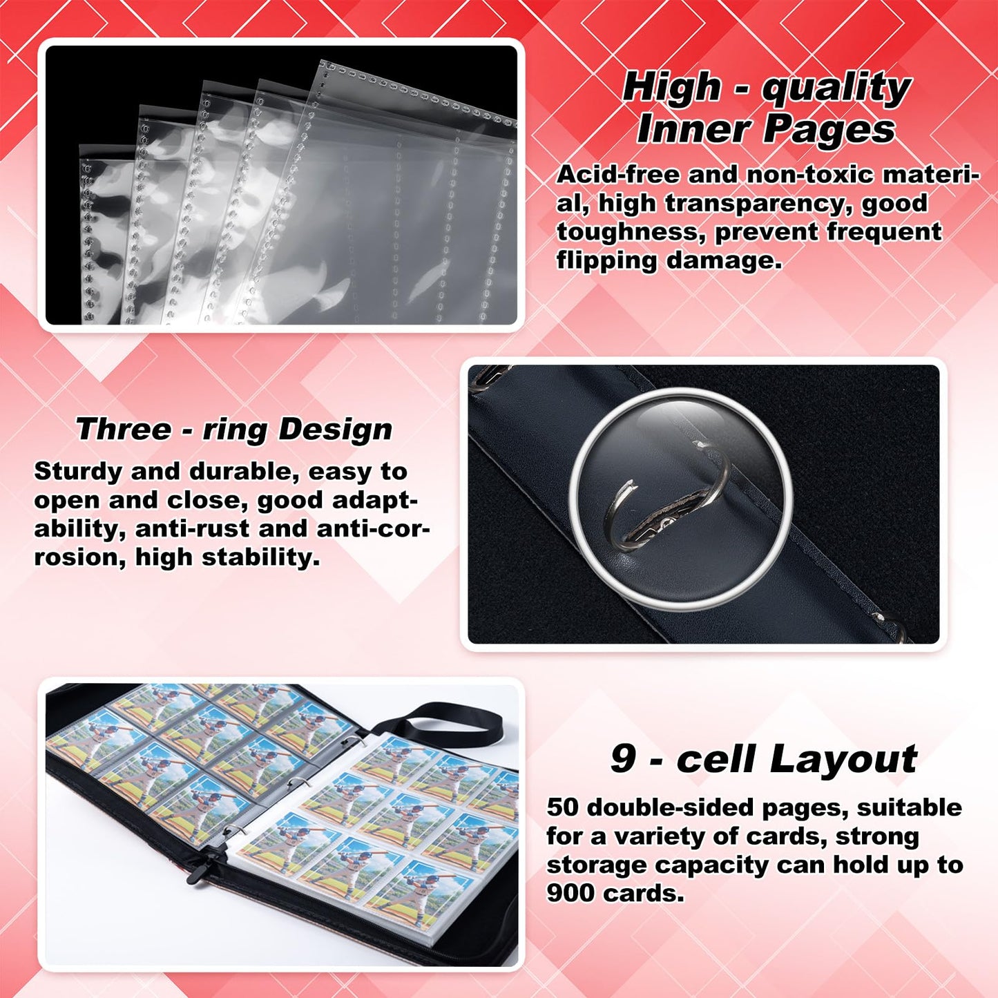 Trugq Baseball Card Binder,9 Pocket Sports Card Binder With 50 Removable Sleeves Can Hold 900 Cards,3-Ring Zipper Baseball Card