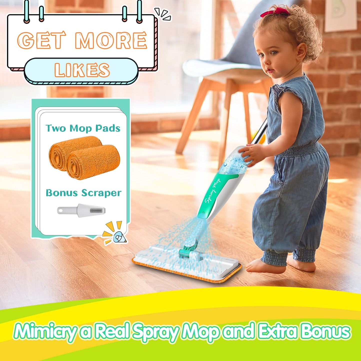EP EXERCISE N PLAY Kids Spray Mop Toy - Toddler-Size Cleaning Set - Plastic - White Green Yellow for Ages 3-5 Years Old