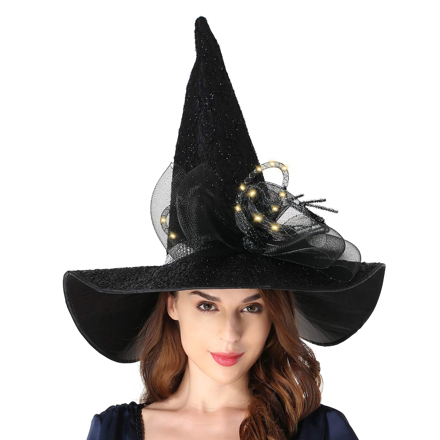 QinYing Black Halloween Costume LED Light Witch Hats for Women Steeple Top with Lamp for Party Black