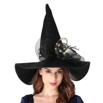 QinYing Black Halloween Costume LED Light Witch Hats for Women Steeple Top with Lamp for Party Black