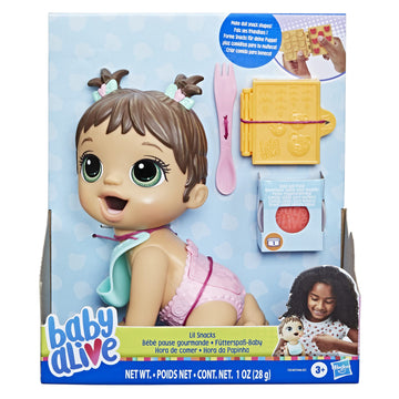 Baby Alive Lil Snacks Doll - 8-Inch Snack-Themed Baby Doll, Brown Hair, Eats and Poops, Model F2619, Toy for Kids Ages 3 and Up