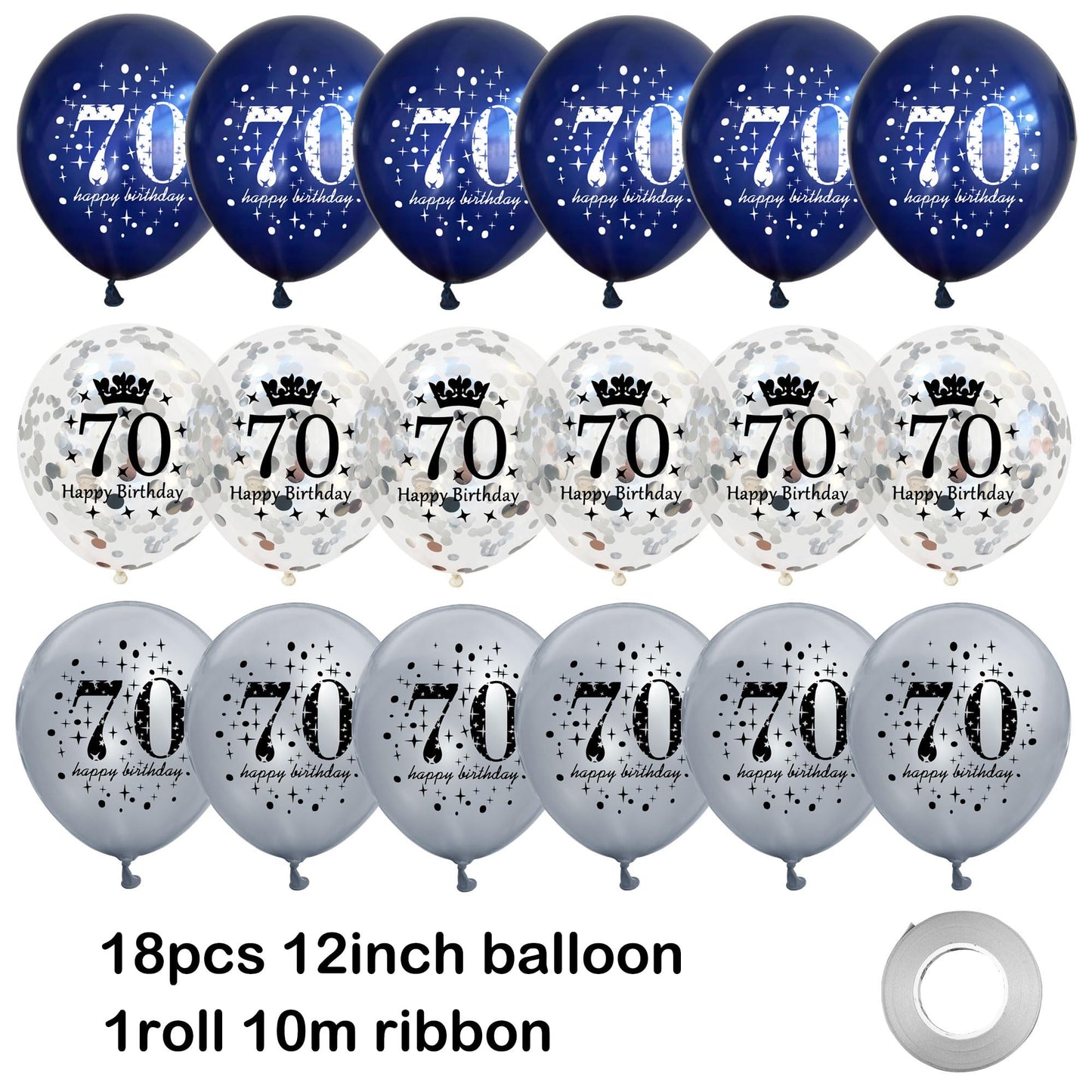 UniBirthLon 18Pcs Navy Blue Silver 70th Birthday Balloons Decorations for Men Women, Confetti Latex Balloons for 70th Anniversary Party Decor