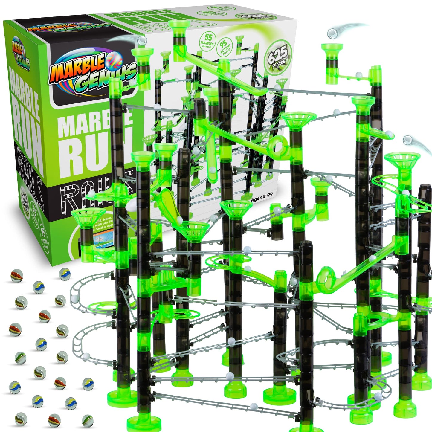 Marble Genius Marble Rails Extreme Set, 625 Piece Marble Run For Kids 8+ (55 Marbles, 80 Rail Pieces, 20 Base Pieces & More), Stem, Full-Color Instructions, Great For Kids & Teens