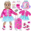 18 Inch Doll Clothes And Doll Accessories Case Luggage Travel Play Set Include Suitcase, Jacket, Dresses, Backbag, Roller Shoes, Hairband, Sticker Etc (No Doll)