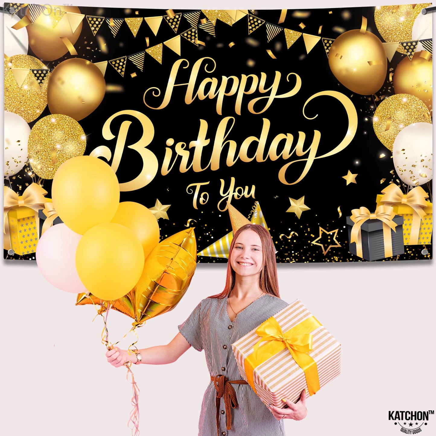 Katchon, Large Black And Gold Happy Birthday Banner - 72X44 Inch | Black And Gold Birthday Decorations For Men | Happy Birthday Backdrop, Happy Birthday Sign | Black And Gold Birthday Banner For Men