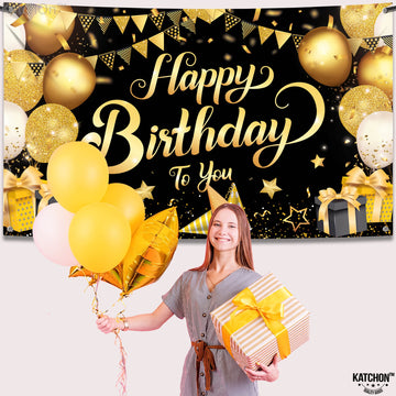 Katchon, Large Black And Gold Happy Birthday Banner - 72X44 Inch | Black And Gold Birthday Decorations For Men | Happy Birthday Backdrop, Happy Birthday Sign | Black And Gold Birthday Banner For Men
