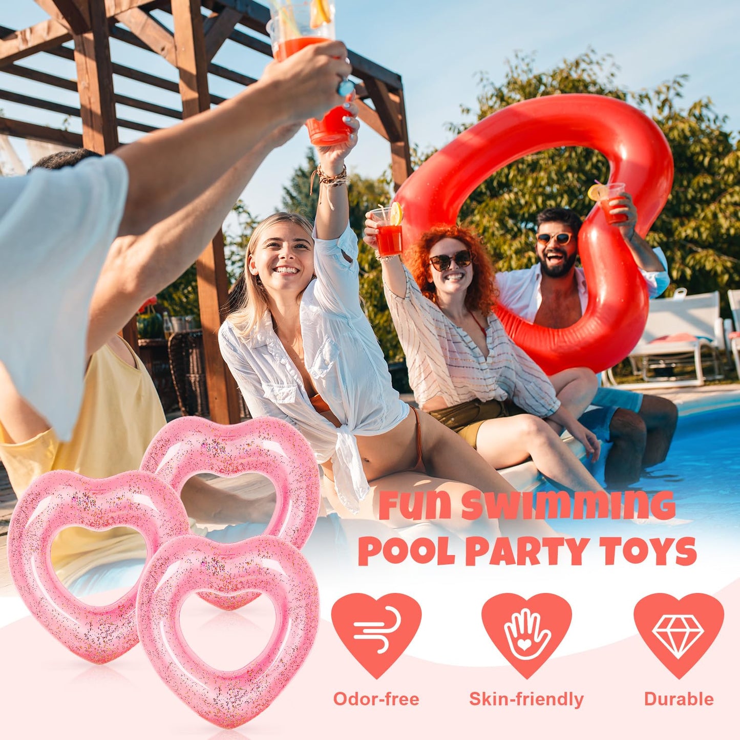 Whaline Inflatable Heart Pool Float - Glitter Rose Gold, 35 x 35 Inch, PVC, Perfect for Summer Pool, Beach, and Bachelorette Parties