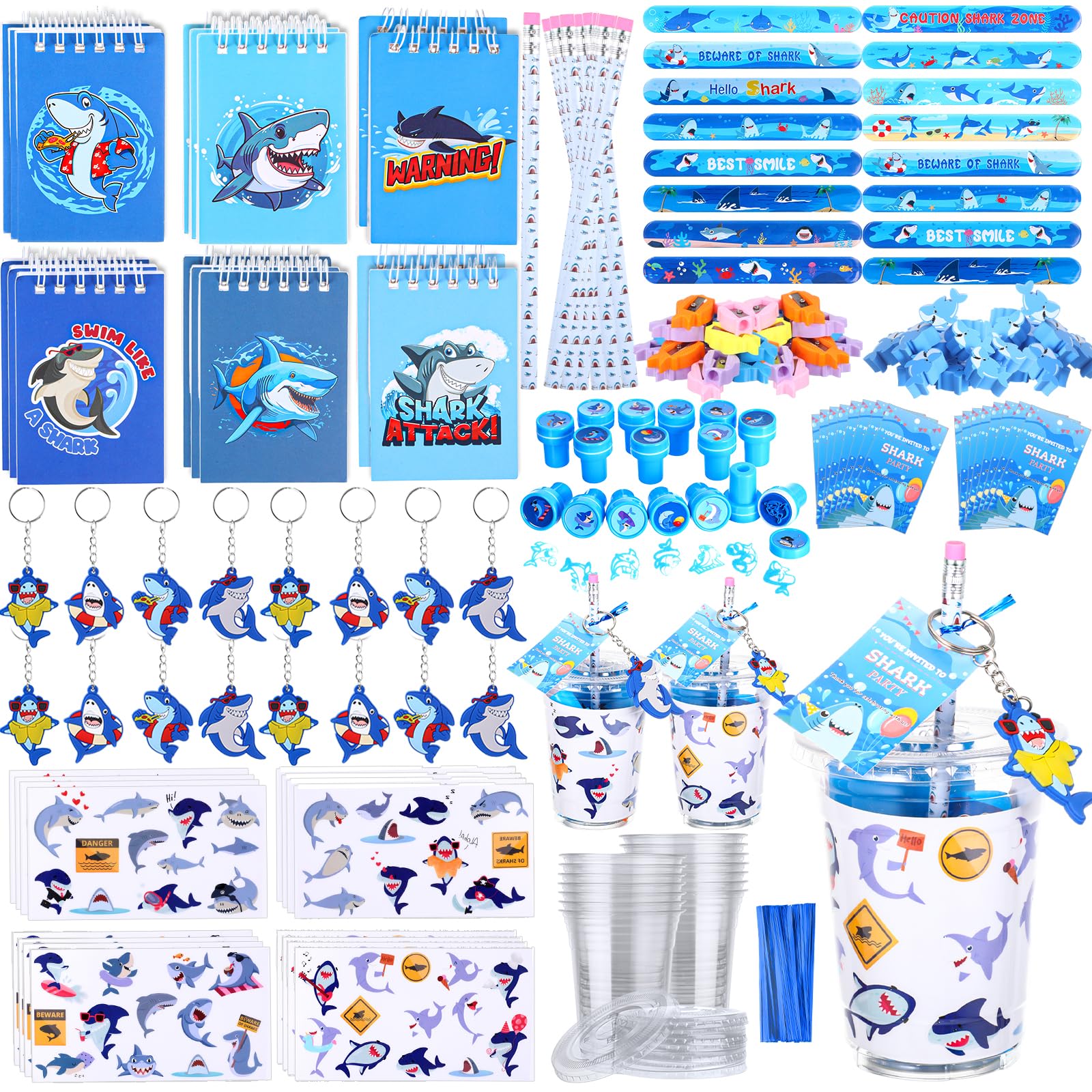Colarr 161 Pcs Shark Party Favor Shark School Stationery Set Includes Gift Cup Notebook Pencil Sharpener Eraser Keychain Stamp S
