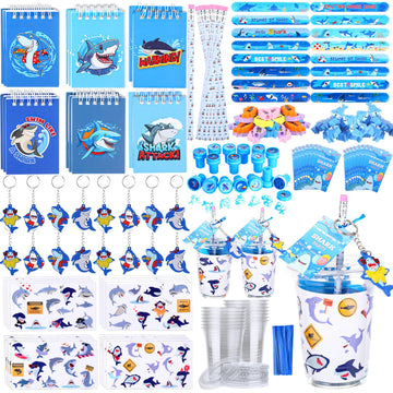 Colarr 161 Pcs Shark Party Favor Shark School Stationery Set Includes Gift Cup Notebook Pencil Sharpener Eraser Keychain Stamp S