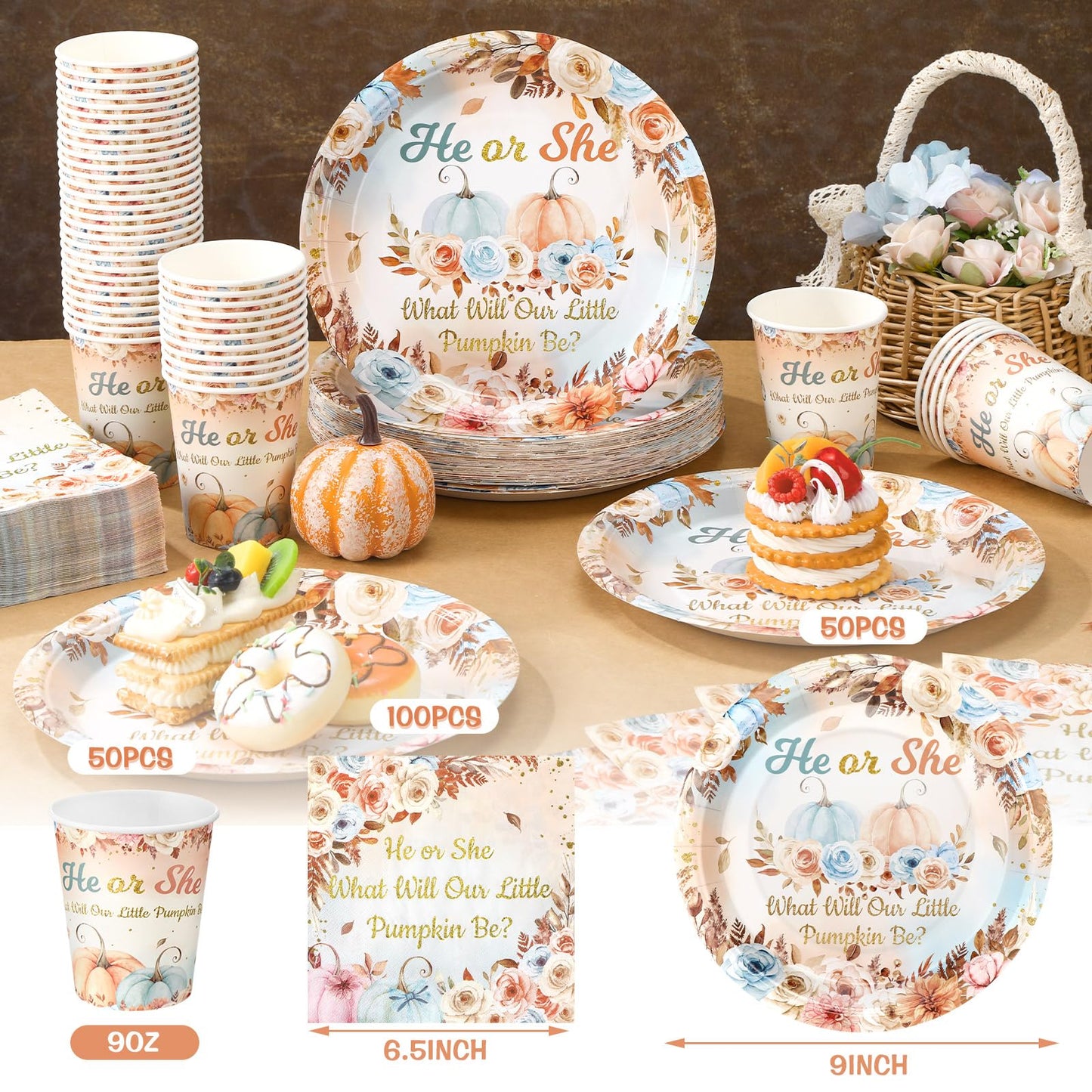 Hushee 200 Pcs Pumpkin Gender Reveal Baby Shower Paper Plates Napkins Cups Baby Shower Party Supplies Tableware Set Disposable C