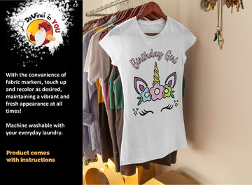 Davinci In You Coloring Shirt For Girls - Kit With 10 Fabric Markers And Alphabet Stencil (Birthday Unicorn, 6/7)