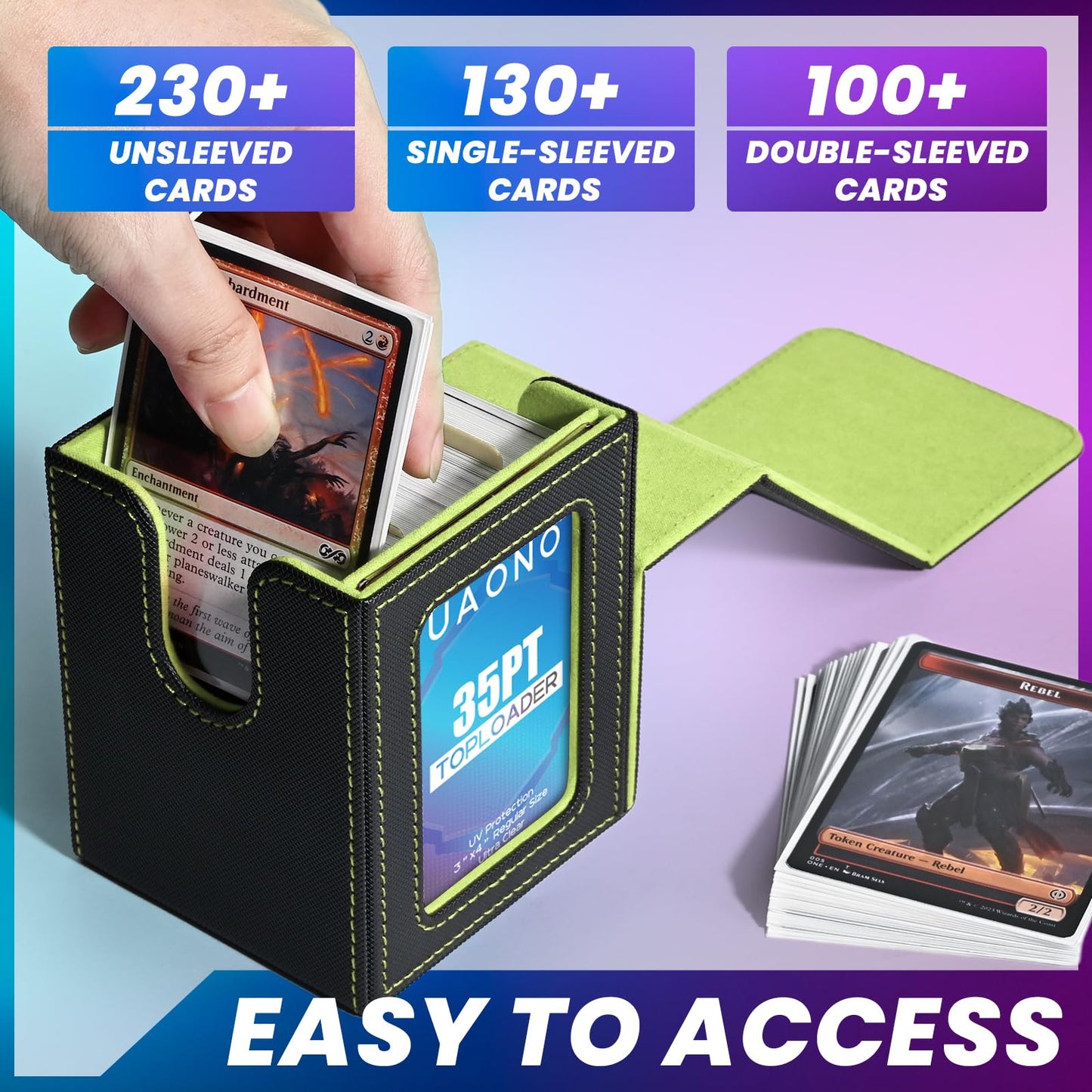 Uaono Card Deck Box With Mtg Commander Display, Deck Case Holds 100+ Double-Sleeved Cards, Trading Card Storage Box Fits Tcg/Ptcg/Sports Card With 2 Dividers, 1 Toploader (Black, Lemon Green)