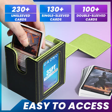 Uaono Card Deck Box With Mtg Commander Display, Deck Case Holds 100+ Double-Sleeved Cards, Trading Card Storage Box Fits Tcg/Ptcg/Sports Card With 2 Dividers, 1 Toploader (Black, Lemon Green)