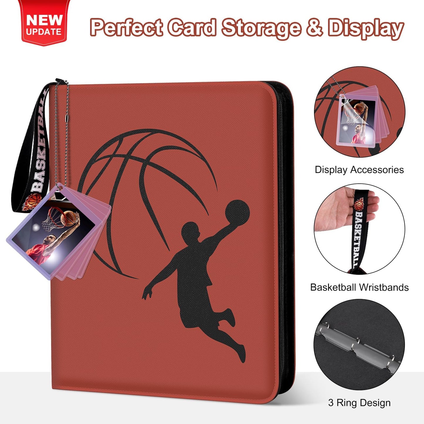 Basketball Card Binder 440 Pocket  Sports Card Binder with Card Display Design  enhanced Card Ablums with Sports Pattern Wristband Fit for Basketball Cards 2024-2025