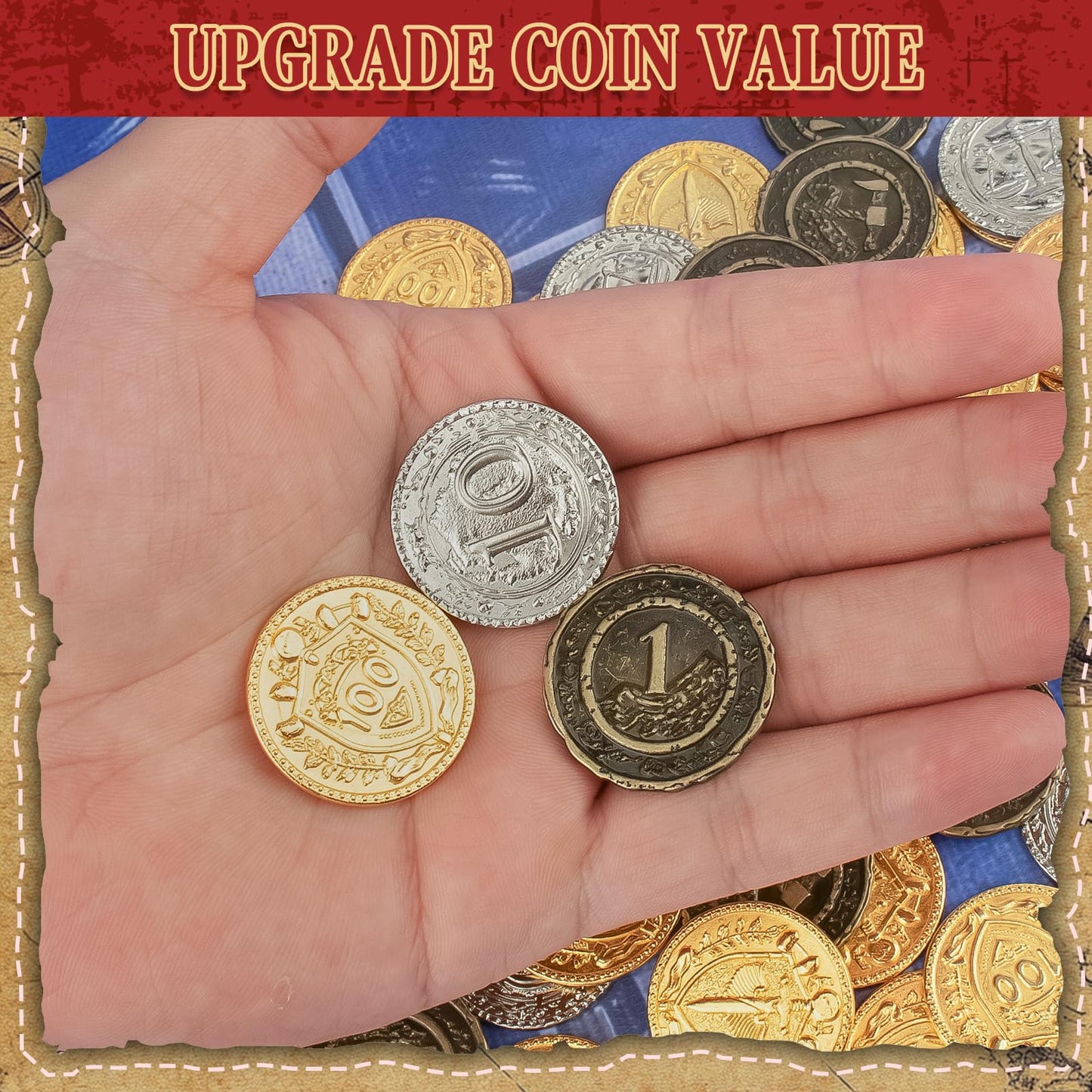 Byhoo 100 Pcs Metal Dnd Coins, 1.2'' Gold Silver Copper Tokens With Face Value For Board Game And Tabletop Rpg, Fantasy Metal Co