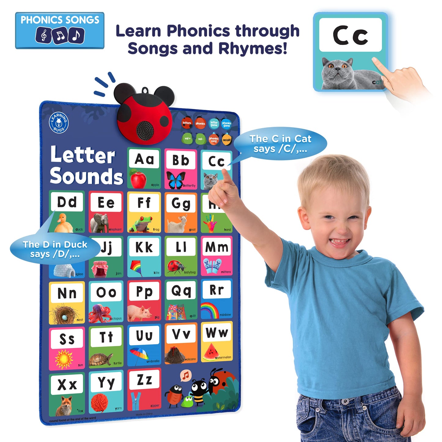 LEARNING BUGS Interactive Phonics Poster for Preschool & Kindergarten, Ages 3+, Model LBP2201, Multi-Color (Red, Green, Blue, Yellow)