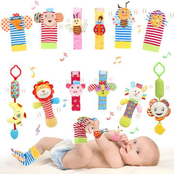 Bloobloomax Wrist Rattles Foot Finder Rattle Sock Baby Toy, Hanging Rattle Toy, Hand Bracelet Rattle, Feet Leg Ankle Socks, Activity Rattle Present Gift For Newborn Infant Babies Boy Girl(12 Pcs-H)