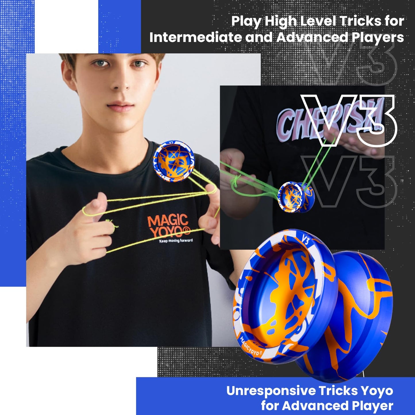 MAGICYOYO V3 Responsive Yoyo for Kids 8-12   Professional Yoyo for mature-themed  Dual Purpose Metal Yoyo with KK Bearing + 12 Yoyo Strings  Bearing Removal  Axle  Yo yo Case (Blue Glod Splash)